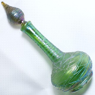 Antique Czech Bohemian Art Glass Perfume Bottle IRIDESCENT GREEN THREADED 7.25”