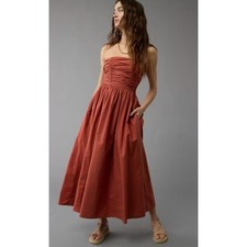 American Eagle Strapless Ruched Poplin Midi Dress Terracotta Medium