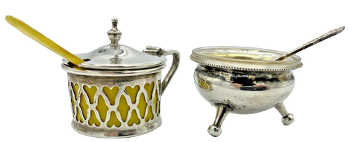 Vintage Pair of Perfection Silver Plated Lidded Mustard Pot & Open Salt & Spoon - Foto 4 di 5