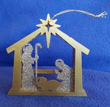 Christmas Ornament Gold Glitter Nativity Manger Star Mary Joseph Baby Jesus