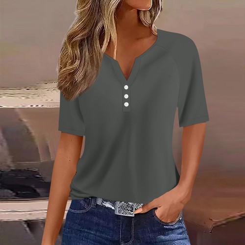 Damen Kurzarm Tee V-Ausschnitt Klassische Shirts Knopf T-Shirt Locker Heiß - Bild 31 von 42