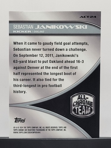 2024 Topps Chrome Sebastian Janikowski All-Chrome Team True Red 1/5 Raiders! - Picture 7 of 7
