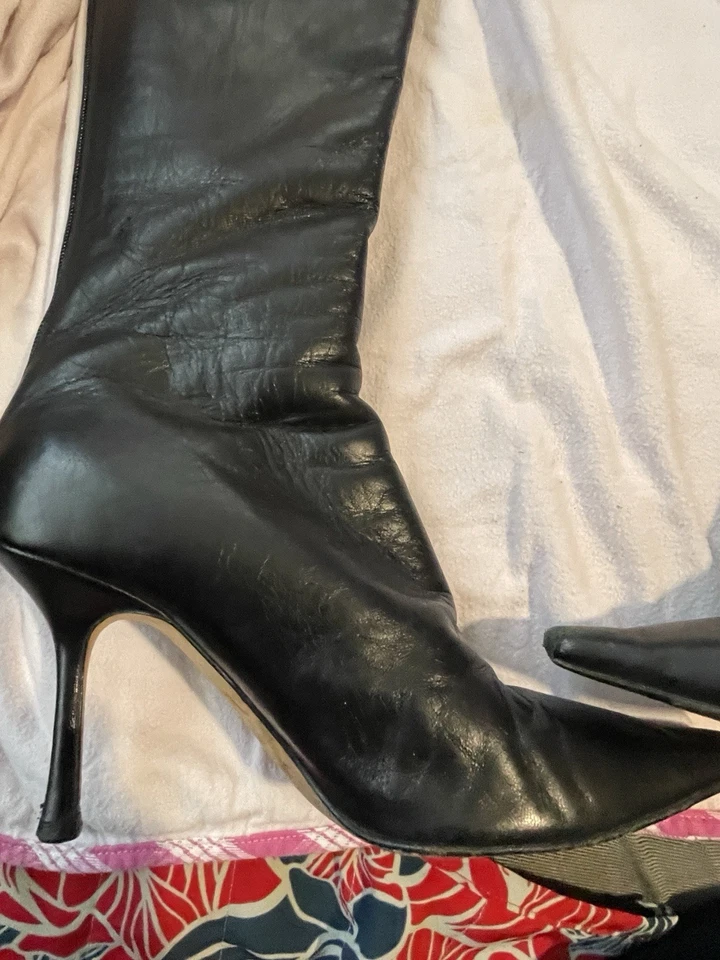 Jimmy Choo Peonía Cuero Negro Punta Cuadrada Hasta la Rodilla Stiletto Bota EE. UU. 8.5 Foto 3 de 4