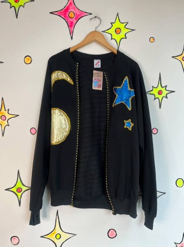 Vintage 80s Black Embellished Celestial Witchy Stars Moons Sweater L XL - Bild 6 von 12