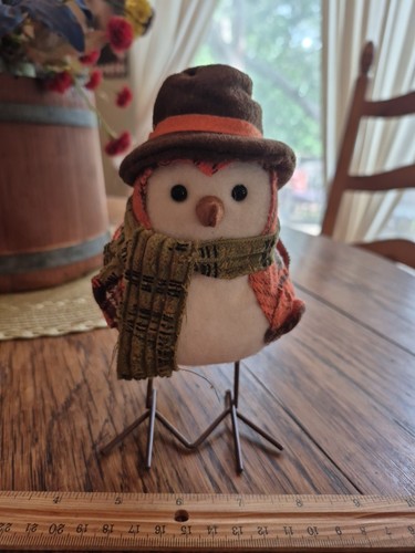 Fall Fabric 7"×4"×6" Bird Brown Top Hat Green Scarf Orange&Brown Plaid Vest EUC - Picture 2 of 17