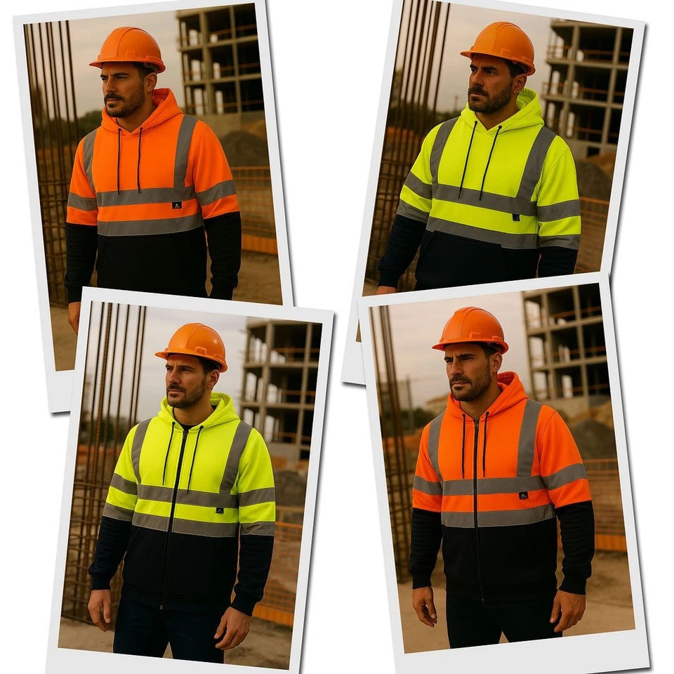 Hi Viz Hoodie High Visibility 2 Tone Pull Over Zip Hooded Work Wear Sweatshirt - Image 2 of 4