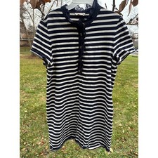 Tory Burch Women's Lidia Midi Dress | Blue White Striped Ruffle Collar | SZ XL