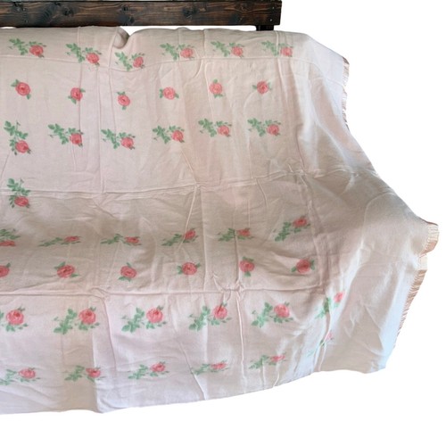 New Vintage Chatham Blanket Pink Moss Roses 1950s Satin Trim Cottage core - Picture 7 of 11