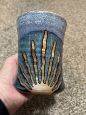 Moki Studio Art Hand Thrown Glazed Pottery Cup Candle Holders Golden Sun Ray