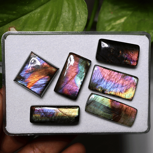 Flash de espectro completo ~ Lote de 6 piedras preciosas cabujón espectrolita natural 19 mm-28 mm - Imagen 2 de 10