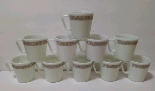 Pyrex Milk Glass Woodland Brown Pattern Coffee Mugs Set Of 10