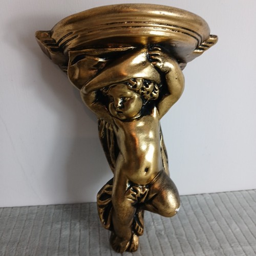 Vintage Gilt / Gold Plaster Angel Cherub Wall Display Shelf Sconce 12.5 inch - Picture 2 of 14