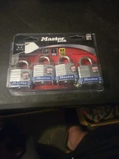 Master Lock 3008D Outdoor Padlock with Key, 4 Pack Keyed-Alike Silver 1-1/2 Inch