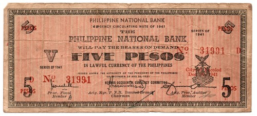 1941 Philippines Province of Negros Occidental S617 5 Pesos C/S LINGIG, SURIGAO - Picture 3 of 4