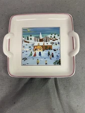 VILLEROY & BACH 8 INCH SQUARE TRAY HANDLED NAIF CHRISTMAS