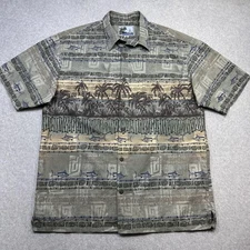 AFTCO Bluewater Shirt Mens XL Gray Palm Tree Fish Hawaiian Button Up USA Made