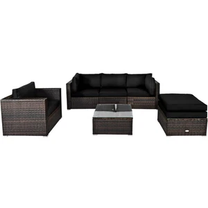 6PCS Patio Conversation Set Rattan Sectional Furniture Set w/ Black Cushions