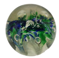 VTG Glass Paperweight Green Blue & White Floral 3" X 3" Controlled Bubble 1601