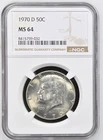 RARE 1970-D Kennedy Half Dollar NGC MS64 40% Silver Gem BU