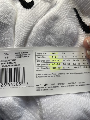 Nike Kid's 6-Pack Everyday Cushioned Ankle Sock White (7C-10C)XXS.sock Size 4-5 - Picture 5 of 9