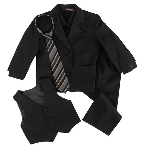 G191 Black Shirt/Silver Tie Boy Formal Tuxedo Tux Suit Set Sizes Baby to Teens - Picture 9 of 57