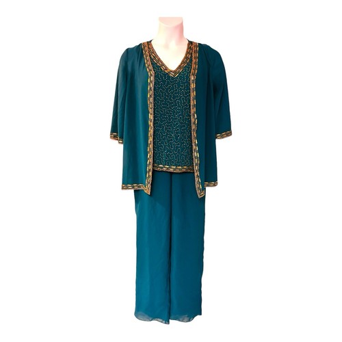 plus 1X Teal Georgette Gold Beaded Midnight Velvet Formal Wedding MOB Pant Suit