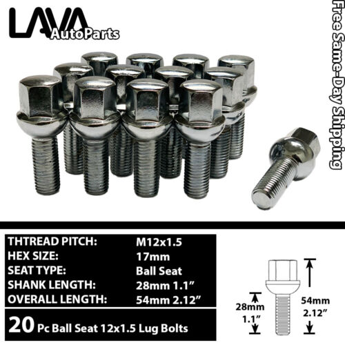20PC CHROME 12X1.5 BALL SEAT LUG BOLT 28MM/40MM SHANK FIT MERCEDES STOCK WHEEL - Picture 4 of 7