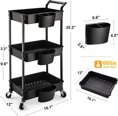 3-Tier Utility Rolling Cart,Mobile Utility Cart with Lockable Caster Wheels,S... - Picture 3 of 8