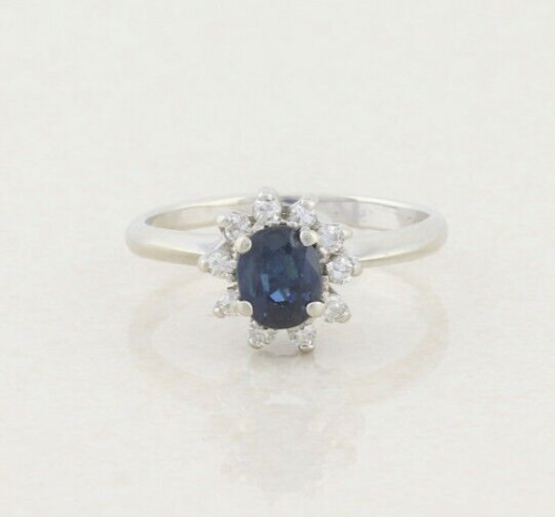 14k White Gold Natural Blue Sapphire and Diamonds Gemstone Halo Women Ring - Picture 1 of 2
