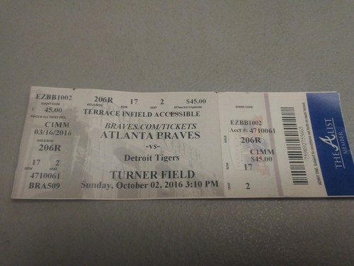 Detroit Tigers vs Atlanta Braves 10-2-2016 Baseball Ticket Final Turner Field Gm