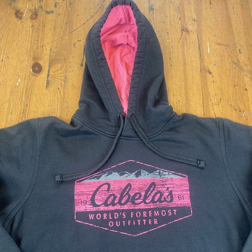 Cabela's Graphic Hoodie Worlds Foremost Outfitters Black Pink Women's Large Reg - Picture 2 of 7