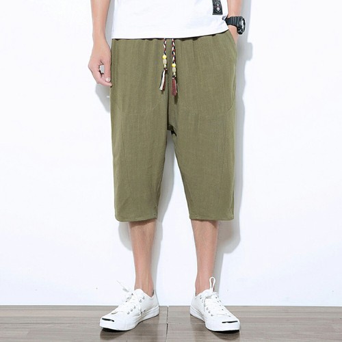 Mens Linen Capri Pants Shorts Drop Crotch Harem 3/4 Trousers Crop Elastic Waist - Picture 9 of 18