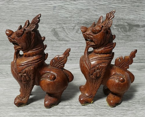Vintage Pair Chinese Dogs Foo, Brown Hand Carved Wooden, Dragons/Lions Figurines - Picture 5 of 17