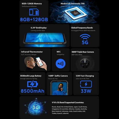 DOOGEE V10 6,39 pulgadas 5G red exterior Smartphone 8GB RAM+128GB ROM 8500mAh móvil - Imagen 2 de 11