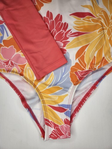 Girls Junior Rash Guard One Piece Swimsuit Sz 10 Coral Floral Long Sleeve CUPSHE - Picture 3 of 9