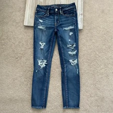 American Eagle Super Stretch Womens 2R Jegging Crop Distressed Denim Jeans AU1a