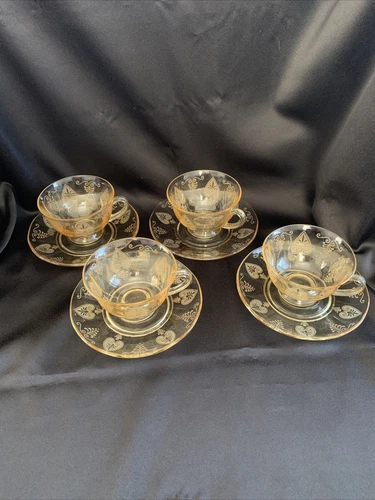 FOSTORIA GLASS TROJAN TOPAZ YELLOW ETCHED COFFEE/TEA CUP & SAUCER X4 DEPRESSION