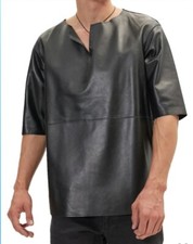 Men's Real Lamb Leather Short Sleeves Shirt Round Neck Lamb Leather Shirt