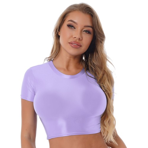 Damen glänzend Kurzarm Crop Tops Sommer T-Shirts Yoga Sport Schwimmen BH-Top - Bild 51 von 85