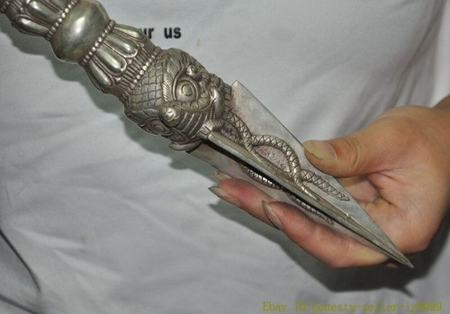 12" Tibet Tibetan silver Mahakala Wrathful god Vajra Phurpa Dagger equipment - 第 3/9 張圖片