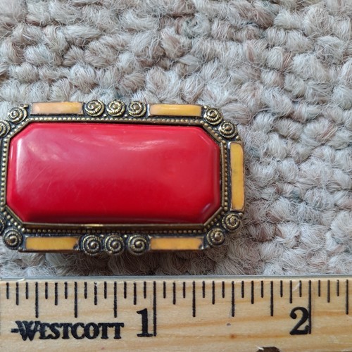 Antique Vintage Art Deco Coral Enamel Cabochon Yellow Enamel Accent Frame Brooch - Picture 3 of 3