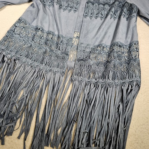 Chico's Sweater Size 2 Blue Faux Suede Western Cowgirl Fringe Lace Open Jacket - Picture 3 of 7