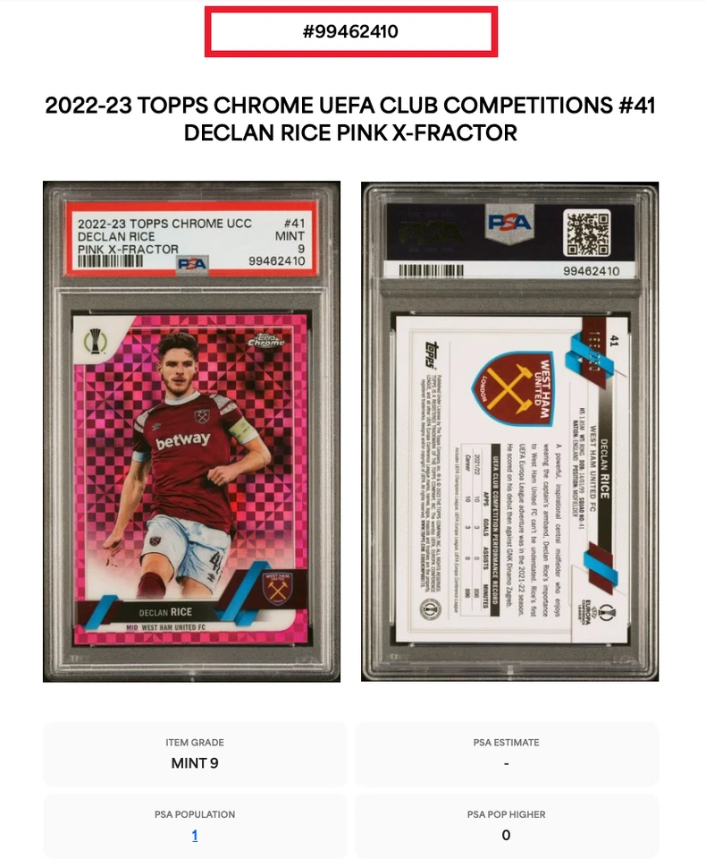 DECLAN RICE * PINK X-FRACTOR PSA 9 * 2023-24 TOPPS CHROME UCC ARSENAL CARD /250 - Image 3 of 3