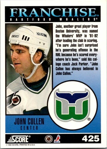 John Cullen Hartford Whalers Hand Signed 1992-93 Score Hockey Card #425 NM-MT - Picture 2 of 2