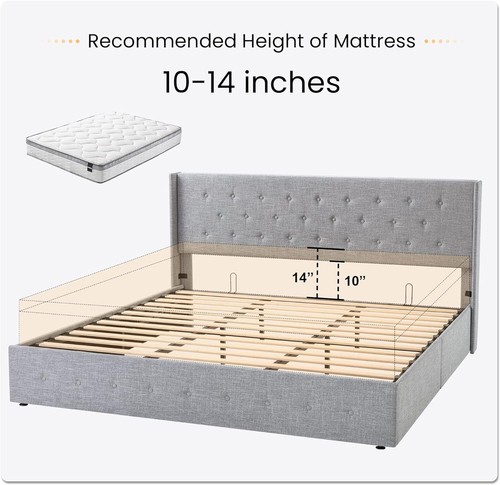Lift Up Storage Platform Bed Frame, Button Tufted Wingback Headboard, Light Grey - Picture 36 of 38