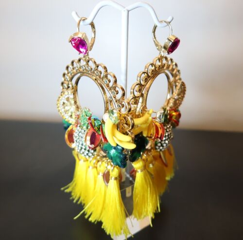 Betsey Johnson earrings Stay Wild pineapples yellow tassels goldtone dangle