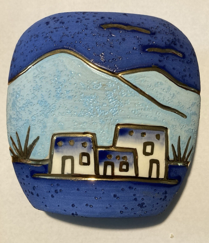 Southwestern Ceramic Vase Pueblo Design Handpainted Cobalt Blue 24K Gold Trim 4" - Picture 5 of 9