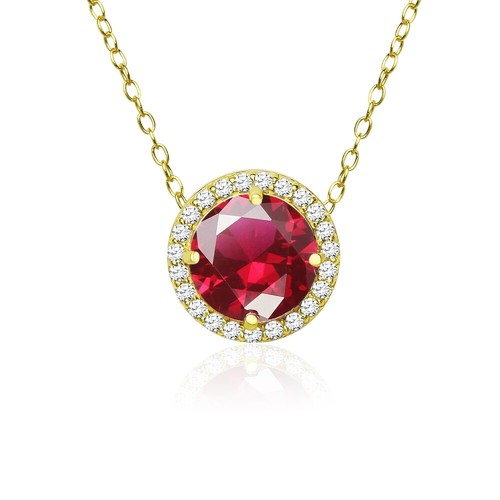 Round Halo Simulated Ruby & CZ Necklace in Gold Plated Sterling Silver - Picture 1 of 4