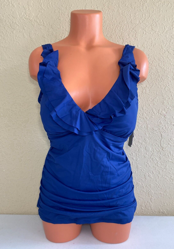 Ralph Lauren Womens Ruffled V Neck Ruched Tankini Top Sapphire Size 14 - Picture 2 of 5