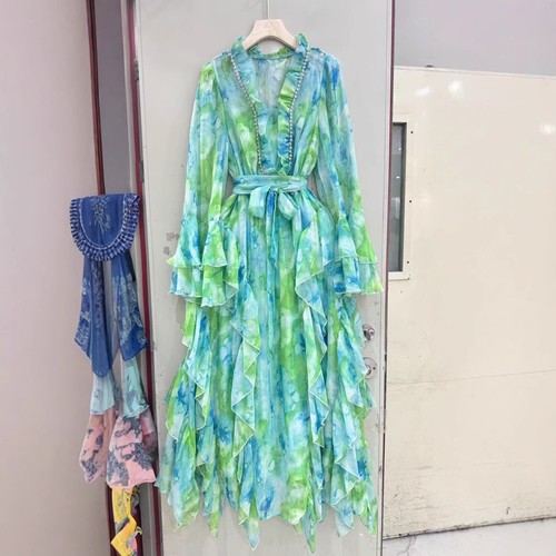 New V-neck Green Womens Printed Mushroom Edge Summer Dress Printed Straps Skirt - 第 1/22 張圖片